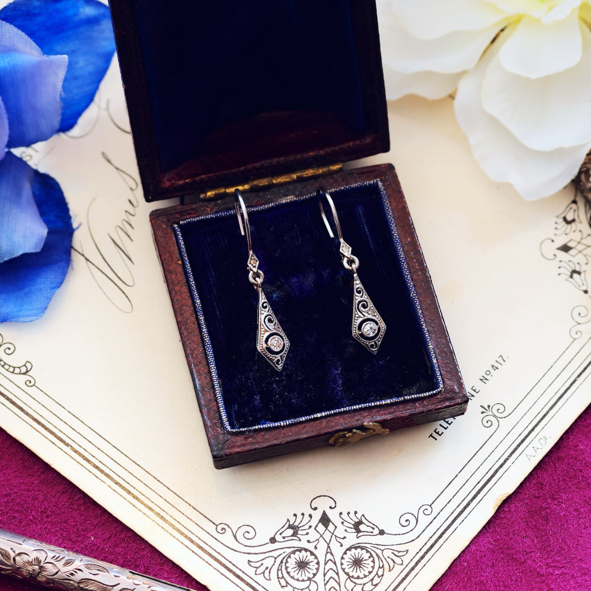 Vintage Gold Filigree Diamond Earrings