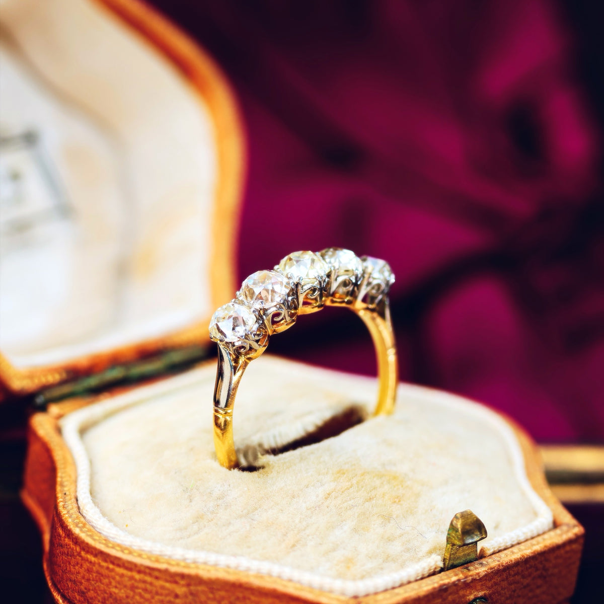 Superior Vintage Five Stone Hand Cut Diamond Engagement Ring