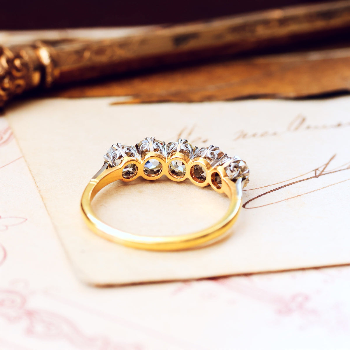 Superior Vintage Five Stone Hand Cut Diamond Engagement Ring