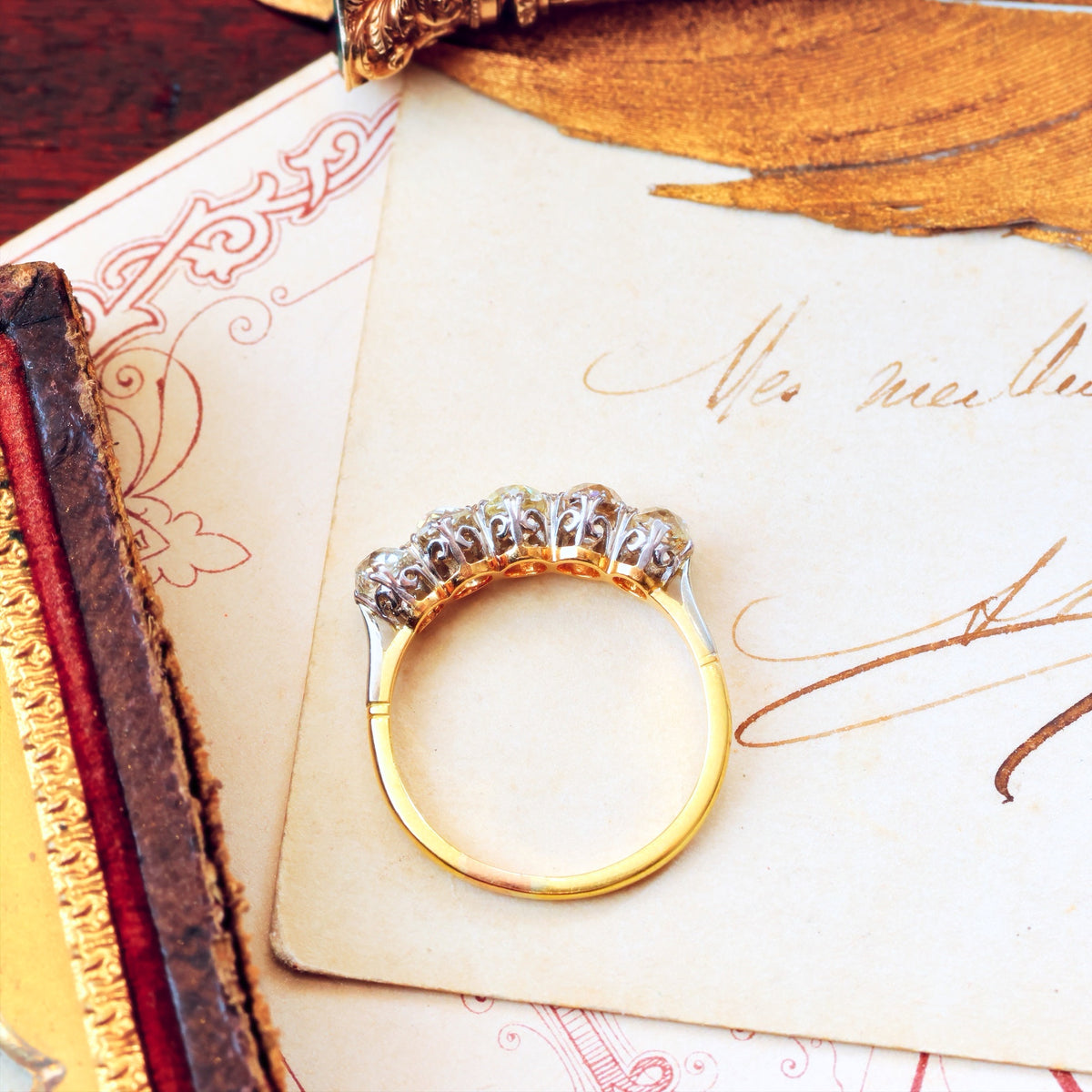 Superior Vintage Five Stone Hand Cut Diamond Engagement Ring