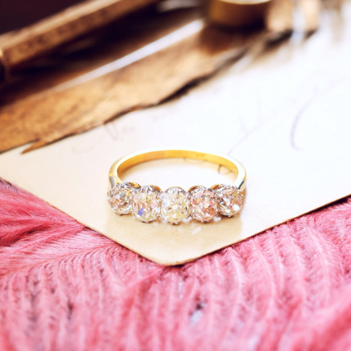 Superior Vintage Five Stone Hand Cut Diamond Engagement Ring