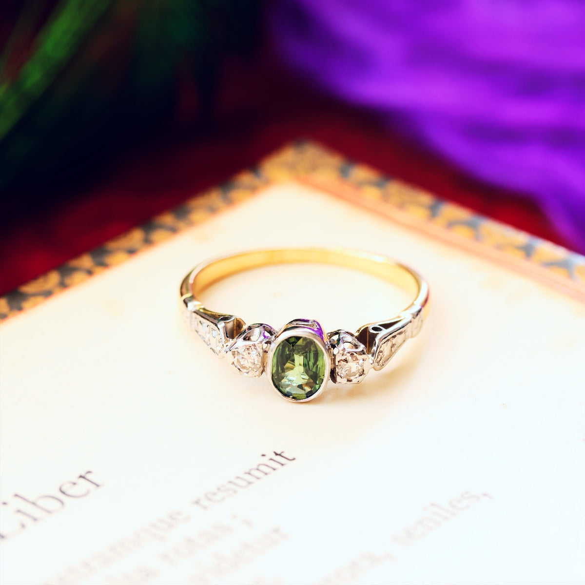 Adorable Vintage Green Sapphire & Diamond Trilogy Ring