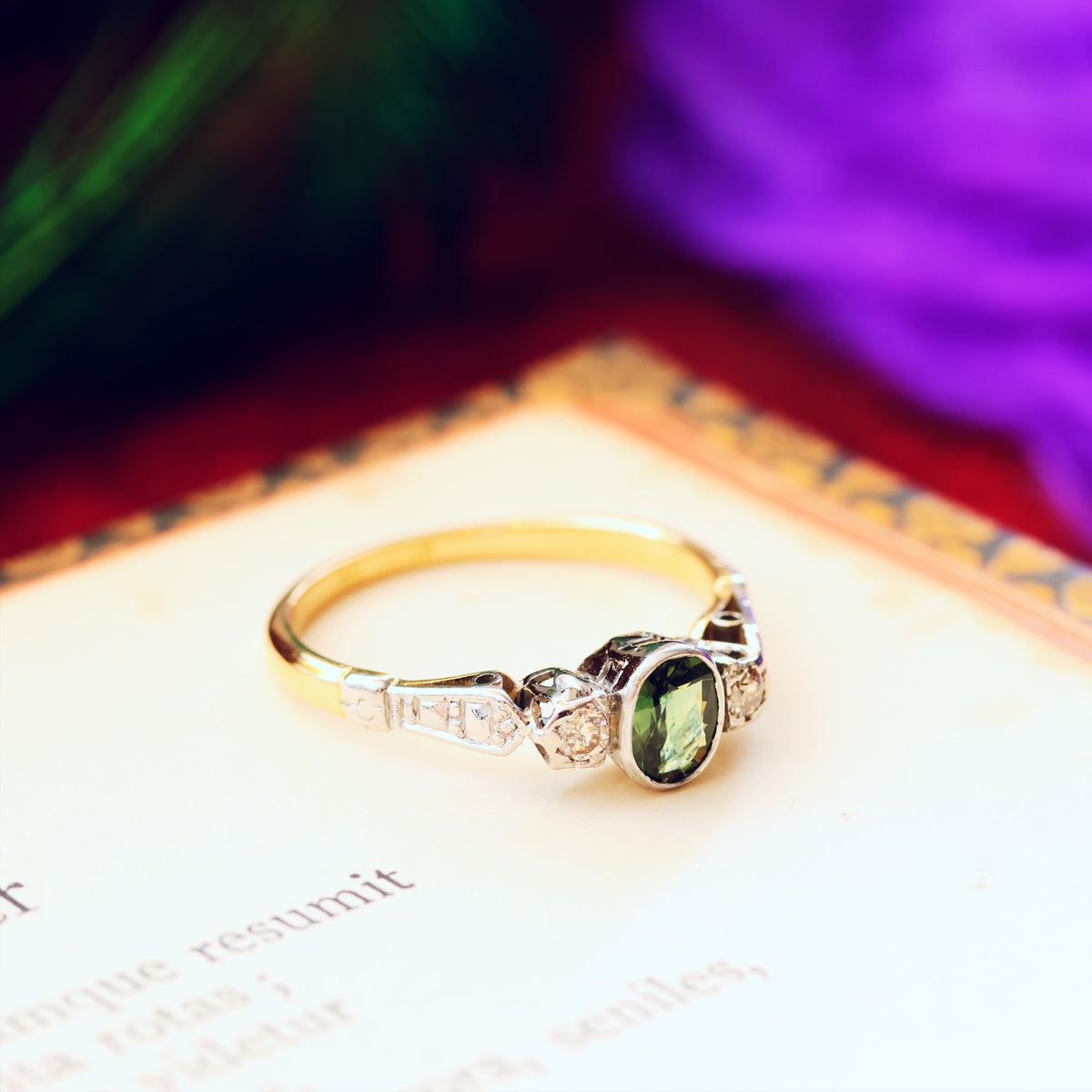 Adorable Vintage Green Sapphire & Diamond Trilogy Ring