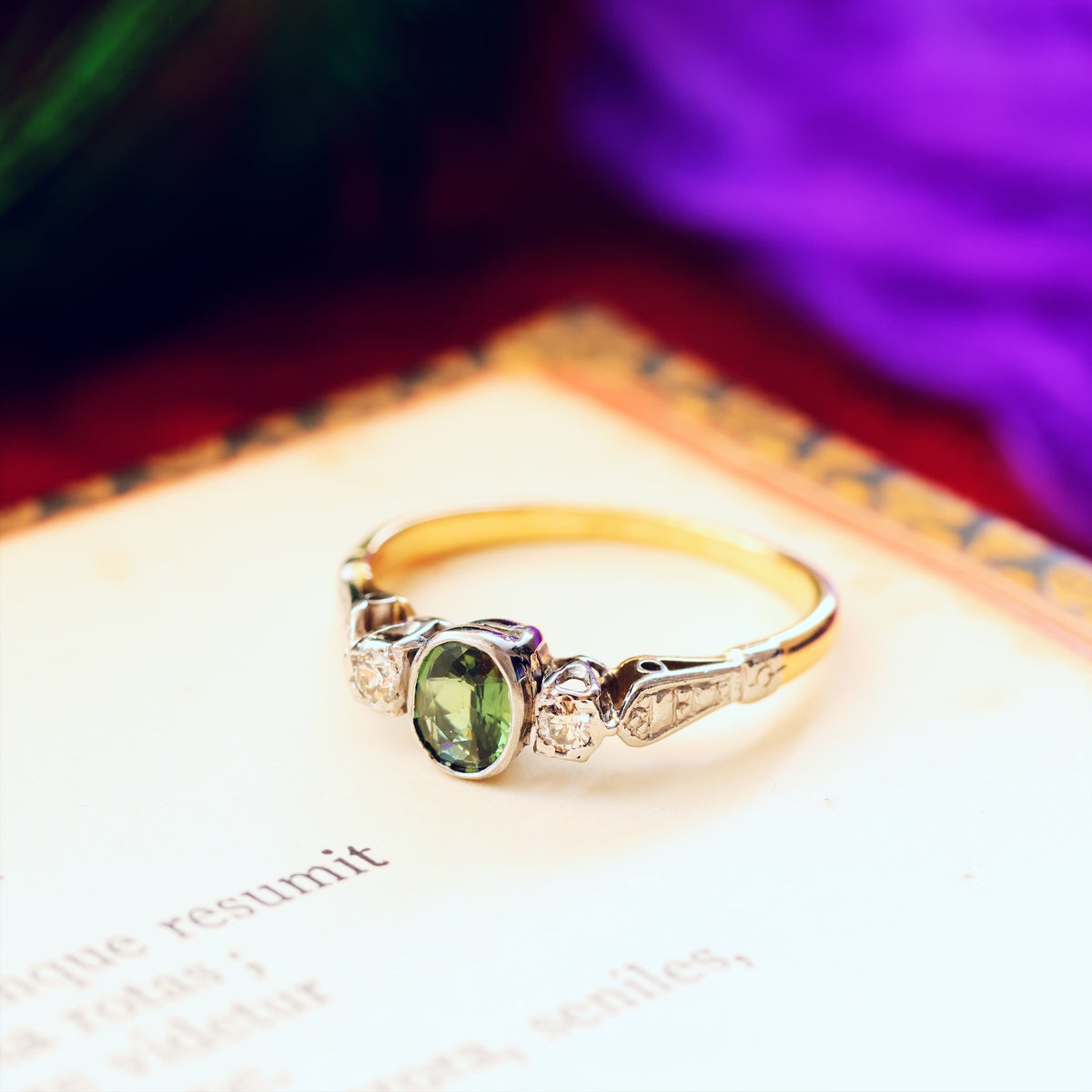 Vintage Green Sapphire & Diamond Trilogy Ring