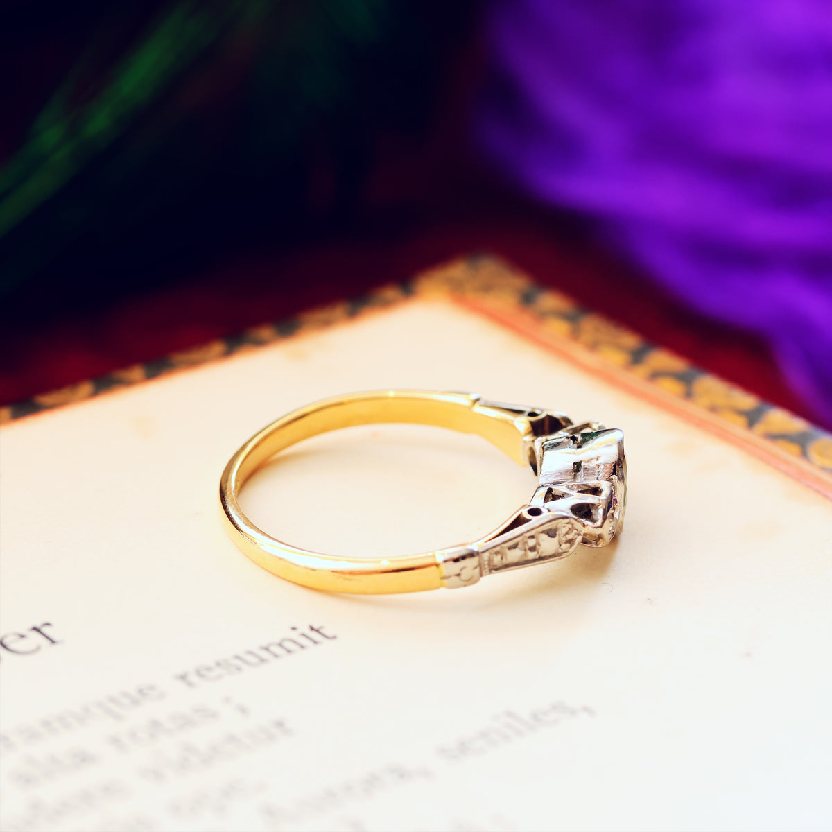 Adorable Vintage Green Sapphire & Diamond Trilogy Ring