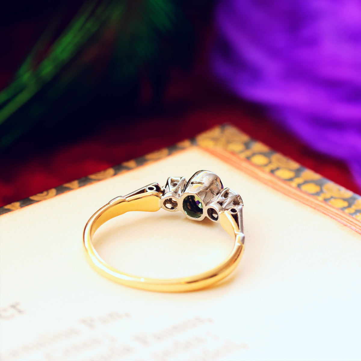 Adorable Vintage Green Sapphire & Diamond Trilogy Ring