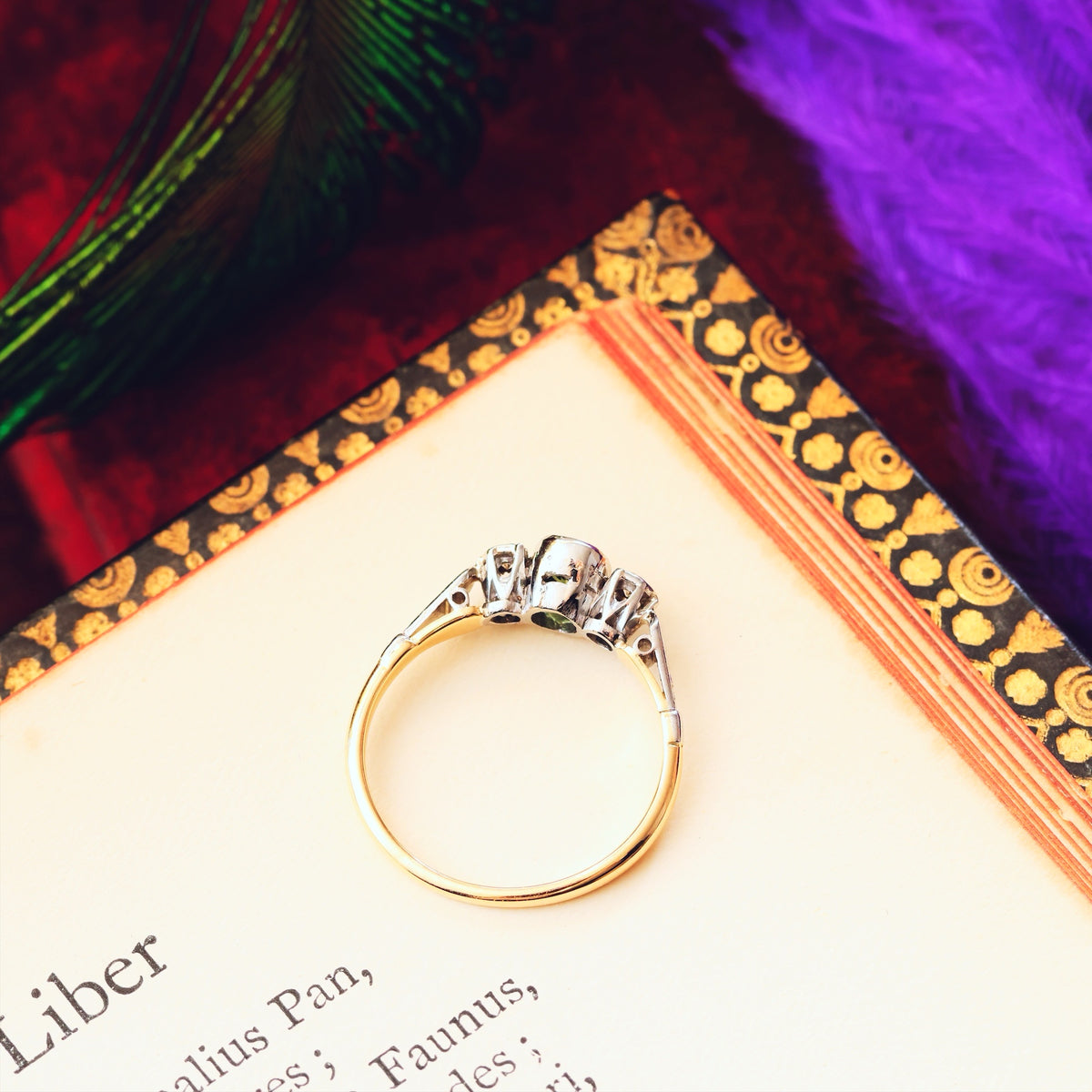 Adorable Vintage Green Sapphire & Diamond Trilogy Ring