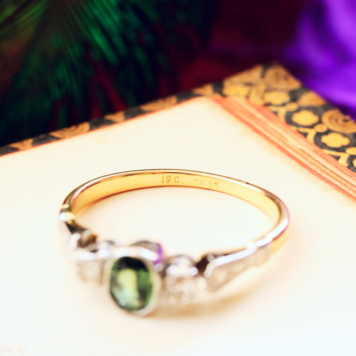 Adorable Vintage Green Sapphire & Diamond Trilogy Ring