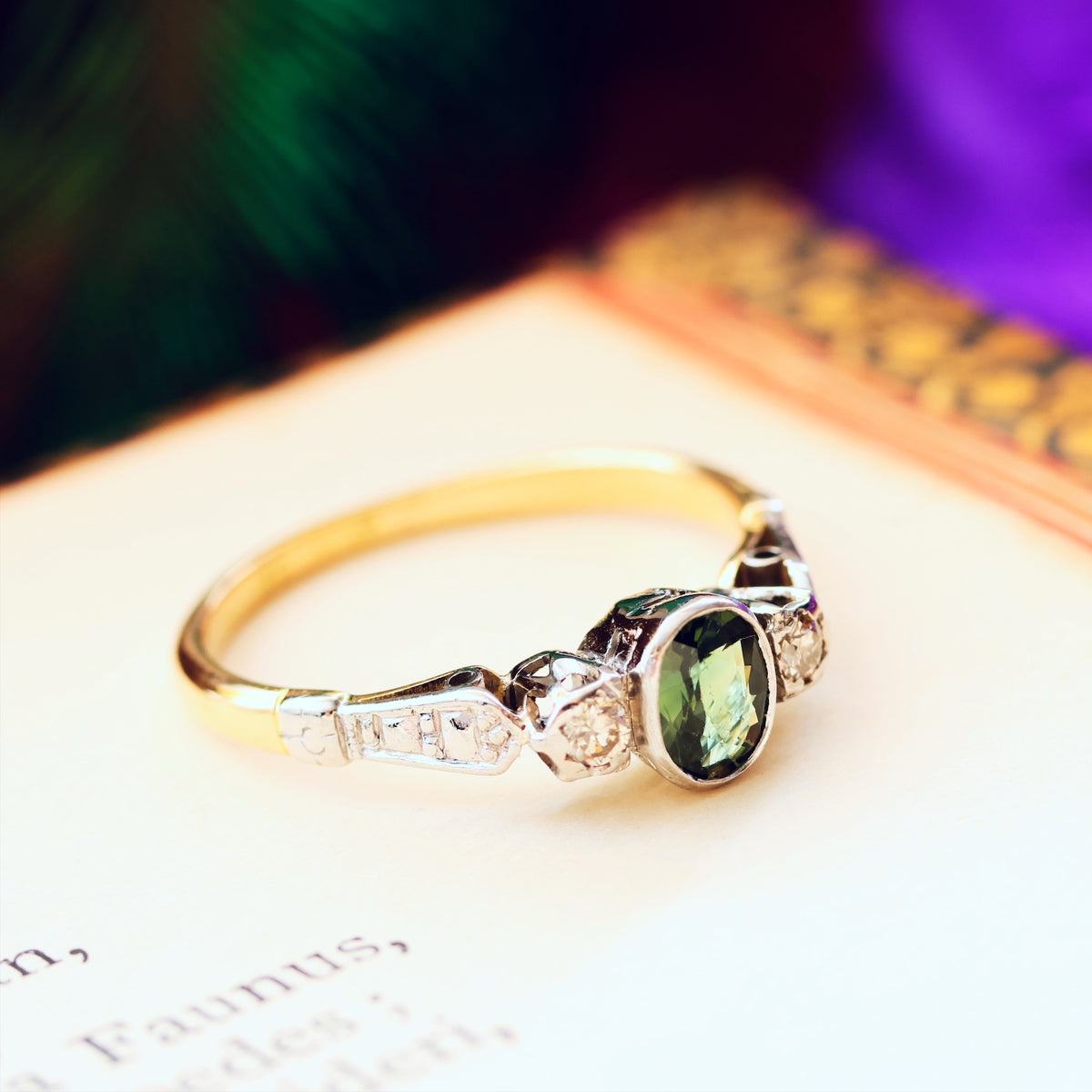 Adorable Vintage Green Sapphire & Diamond Trilogy Ring