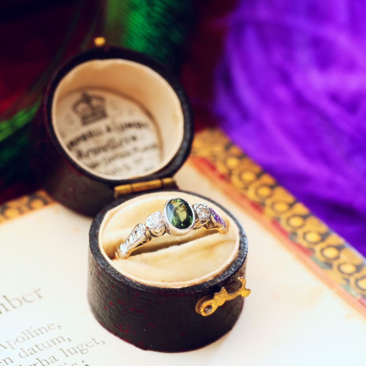 Adorable Vintage Green Sapphire & Diamond Trilogy Ring