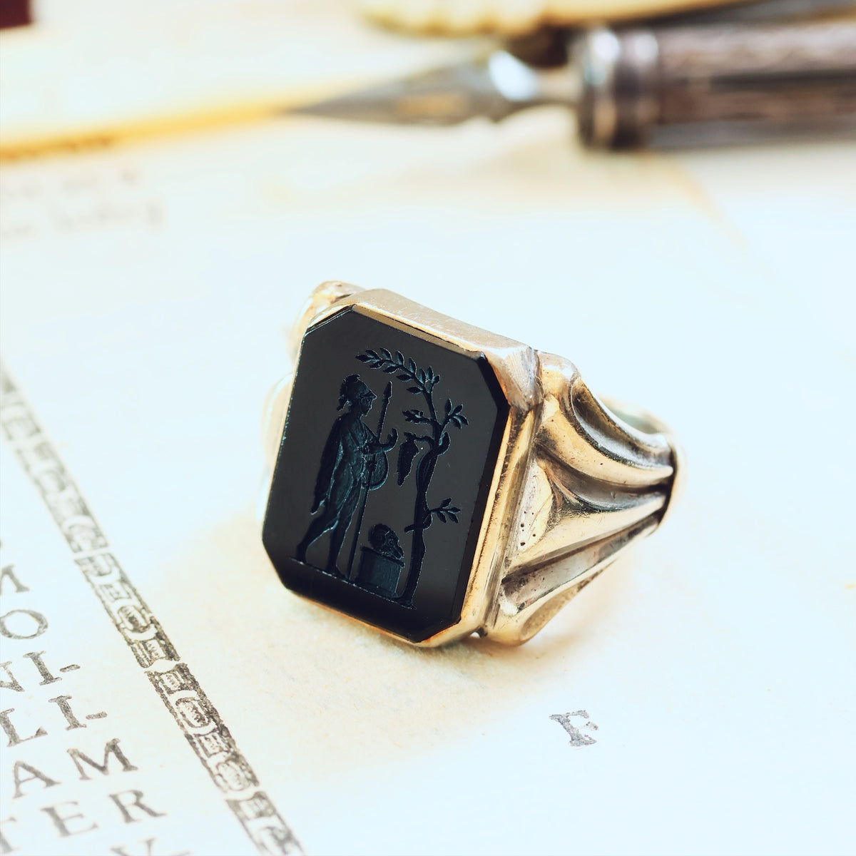 Vintage Hand Carved Allegorical Intaglio Onyx Signet Ring