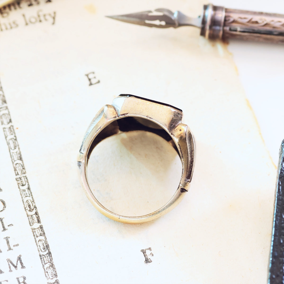 Vintage Hand Carved Allegorical Intaglio Onyx Signet Ring
