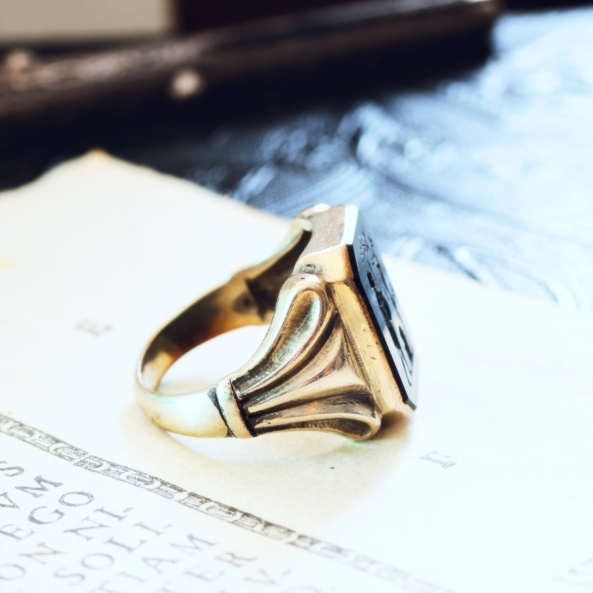 Vintage Hand Carved Allegorical Intaglio Onyx Signet Ring