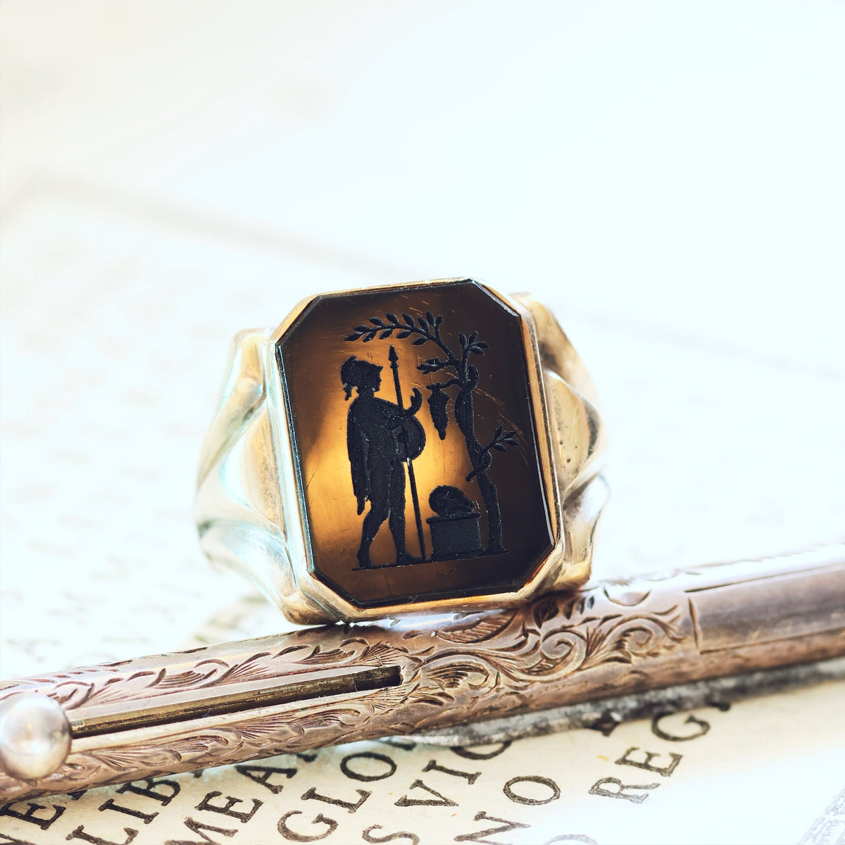 Vintage Hand Carved Allegorical Intaglio Onyx Signet Ring
