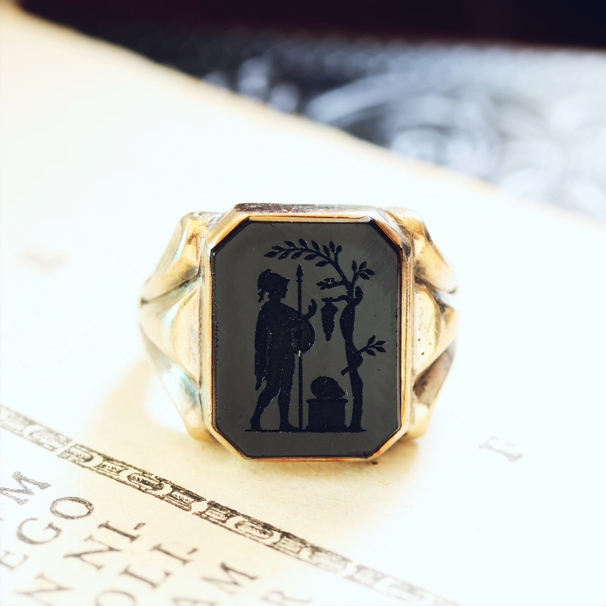 Vintage Hand Carved Allegorical Intaglio Onyx Signet Ring