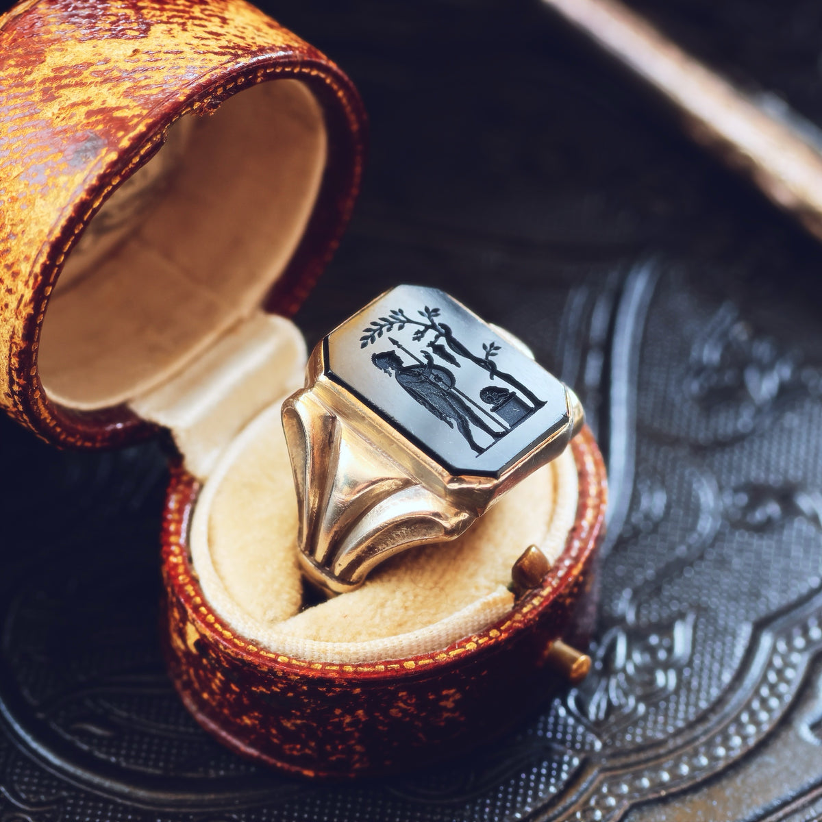 Vintage Hand Carved Allegorical Intaglio Onyx Signet Ring