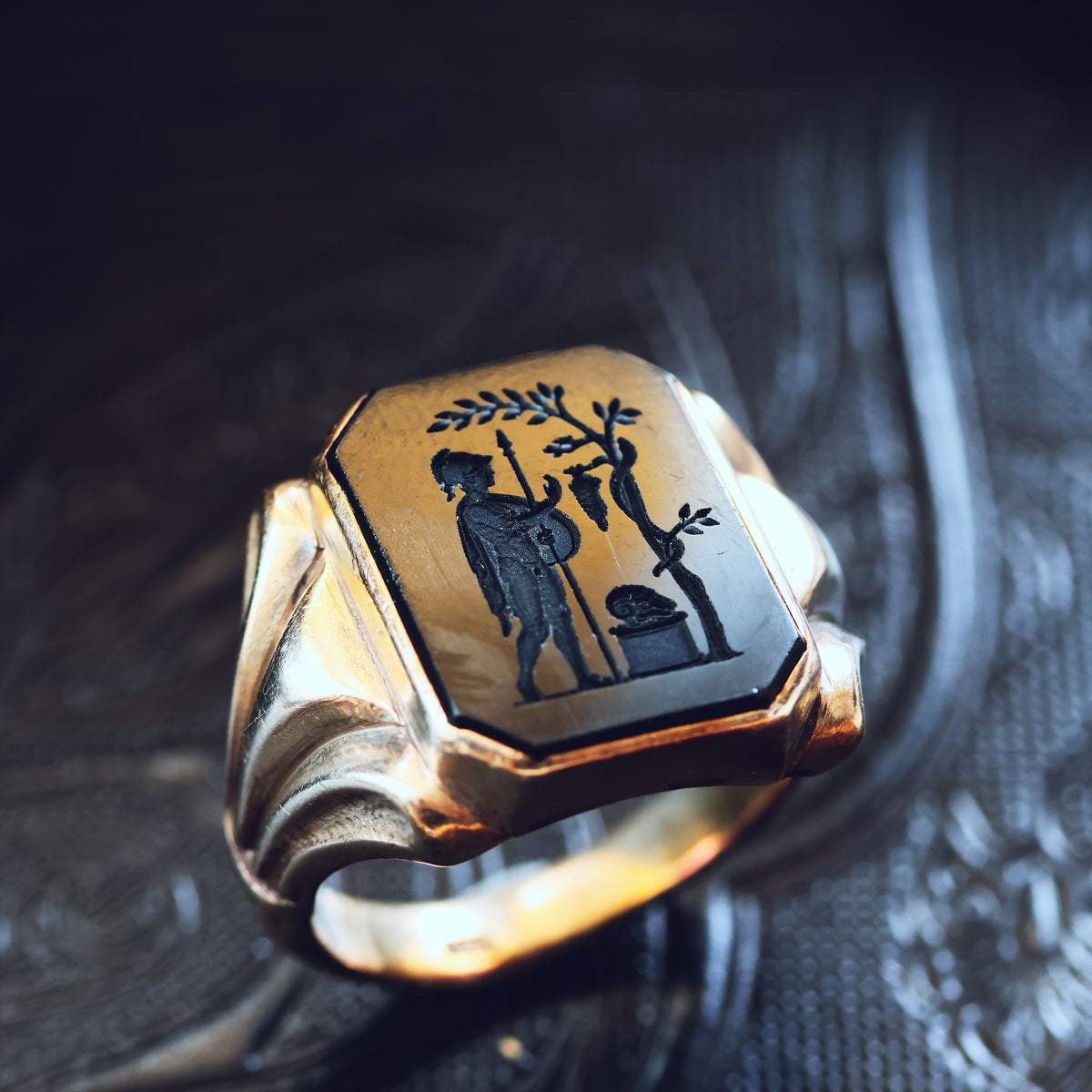 Vintage Hand Carved Allegorical Intaglio Onyx Signet Ring