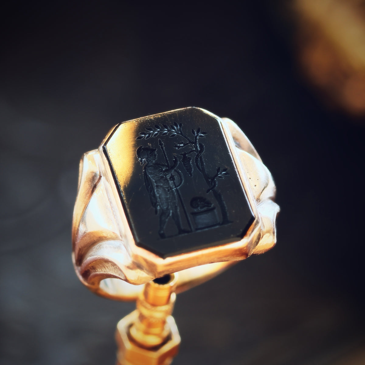 Vintage Hand Carved Allegorical Intaglio Onyx Signet Ring