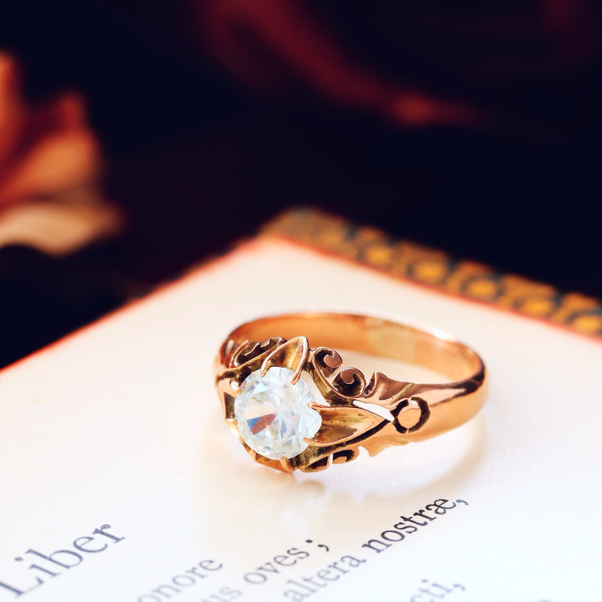 Vintage Hand Carved Rose Gold Zircon Ring