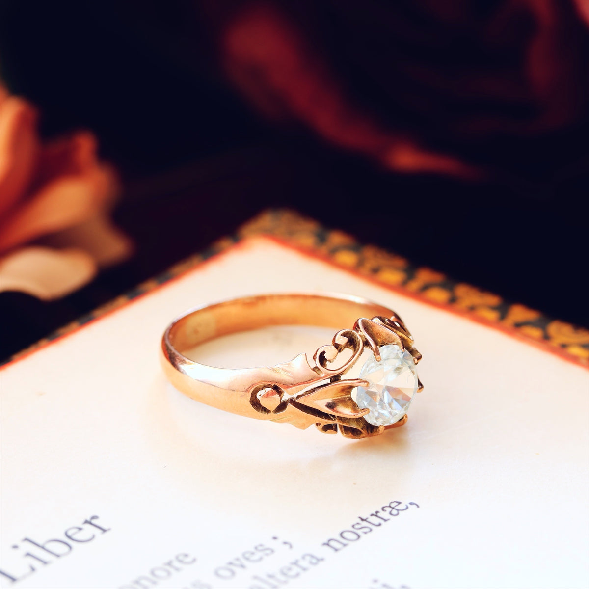 Vintage Hand Carved Rose Gold Zircon Ring