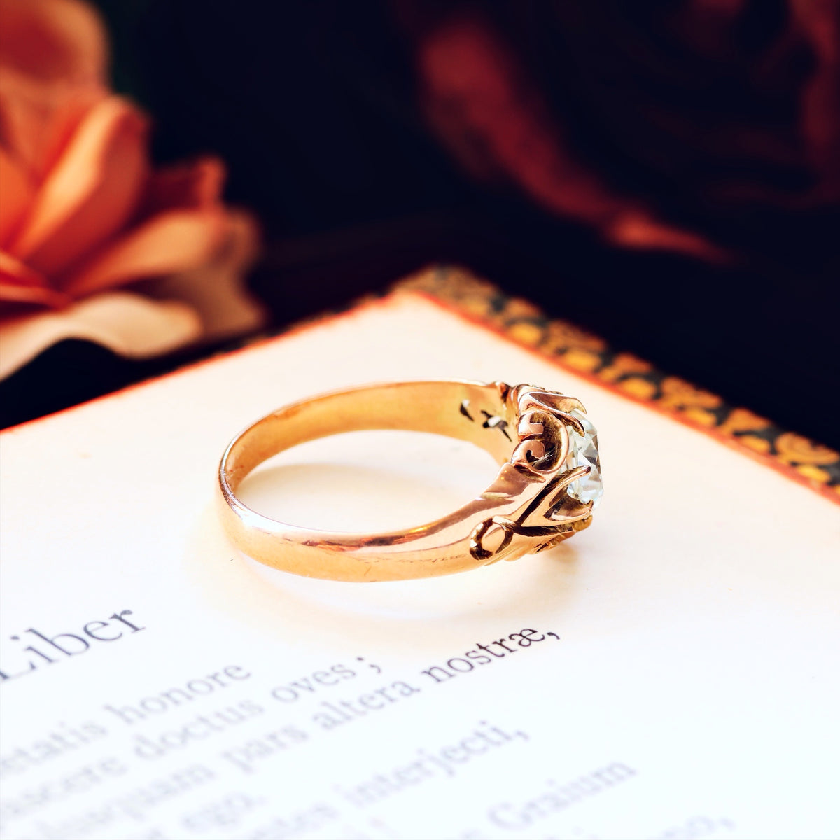 Vintage Hand Carved Rose Gold Zircon Ring