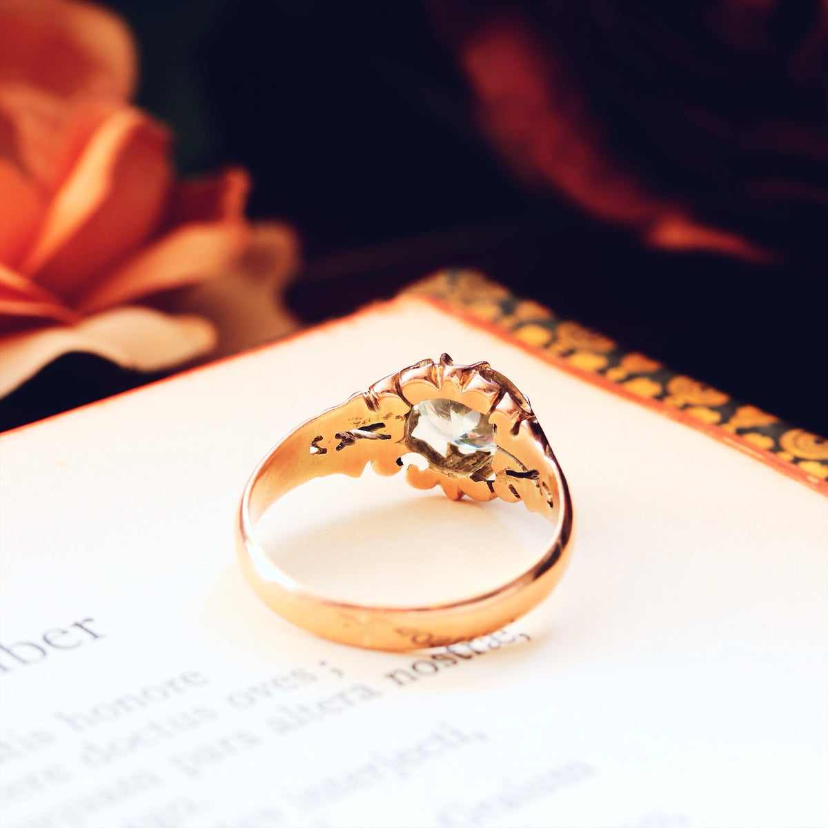 Vintage Hand Carved Rose Gold Zircon Ring