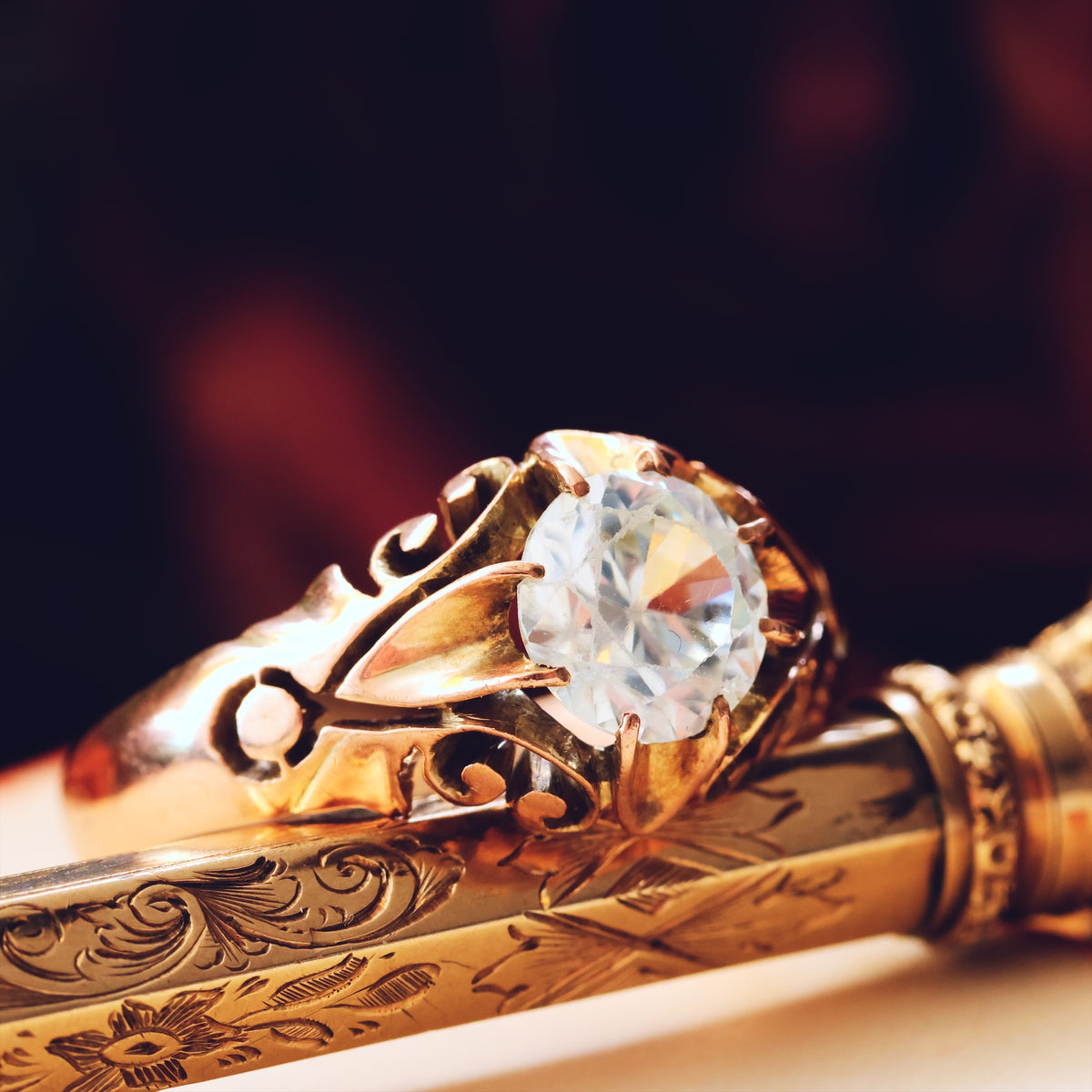 Vintage Hand Carved Rose Gold Zircon Ring