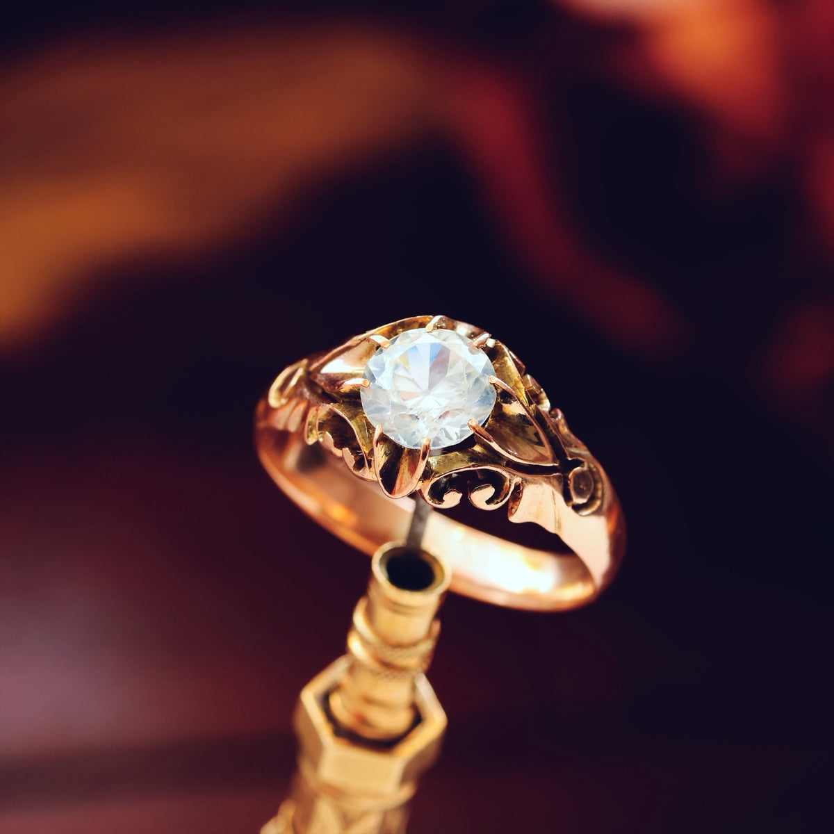 Vintage Hand Carved Rose Gold Zircon Ring