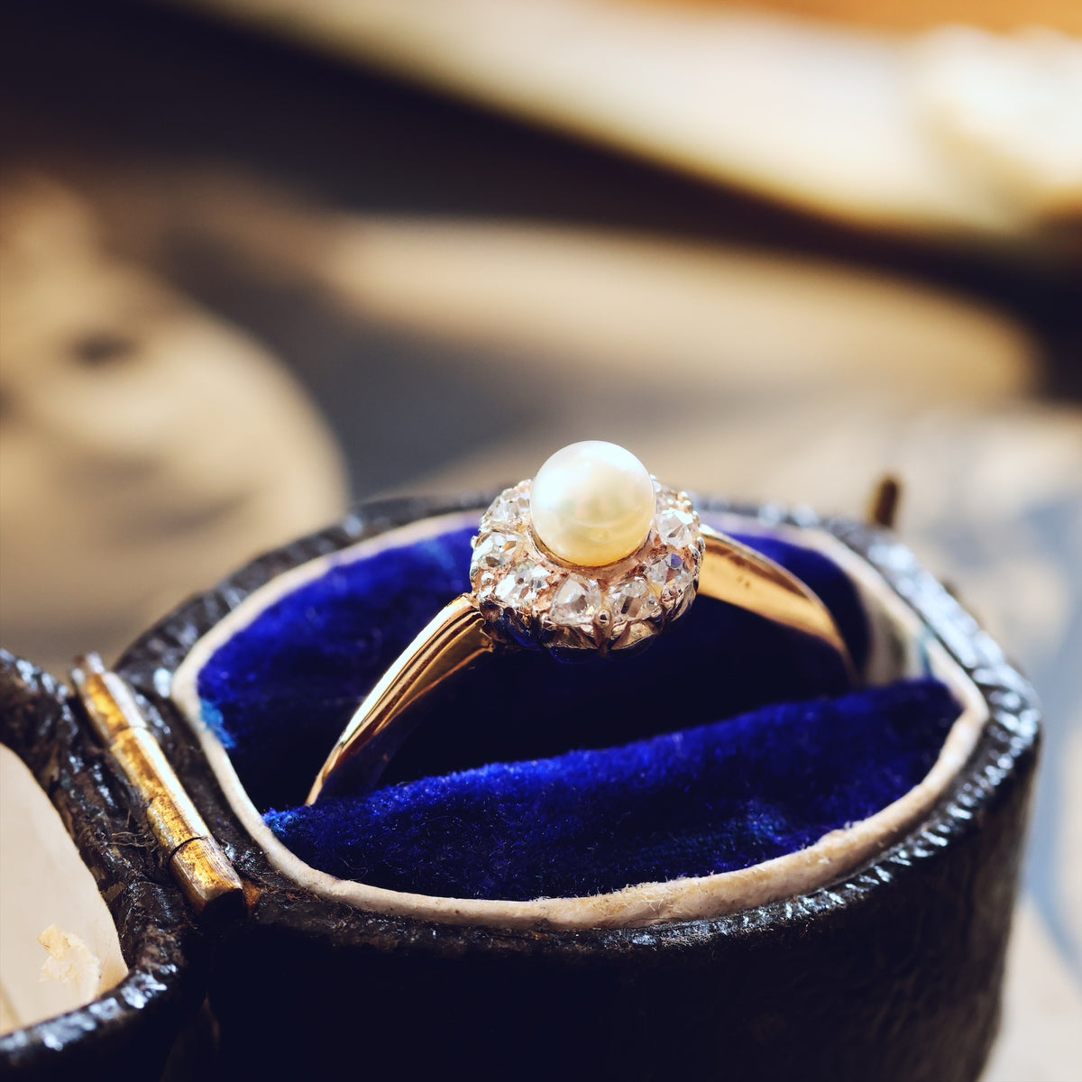 A Sweeet Little Hand Cut Diamond & Natural Pearl Cluster Ring