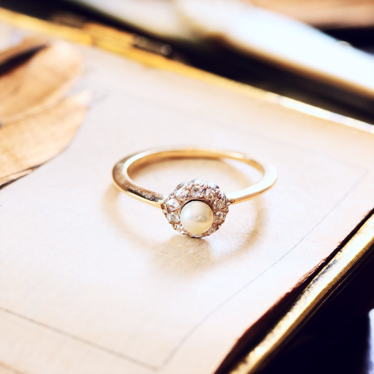 Hand Cut Diamond & Natural Pearl Cluster Ring