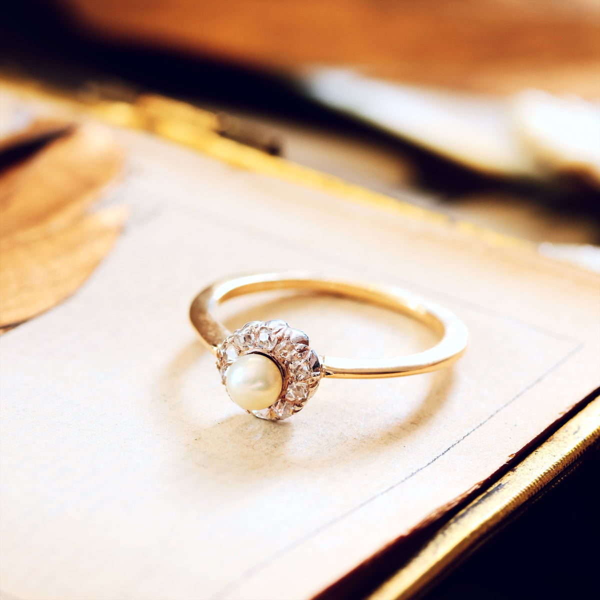 A Sweeet Little Hand Cut Diamond & Natural Pearl Cluster Ring