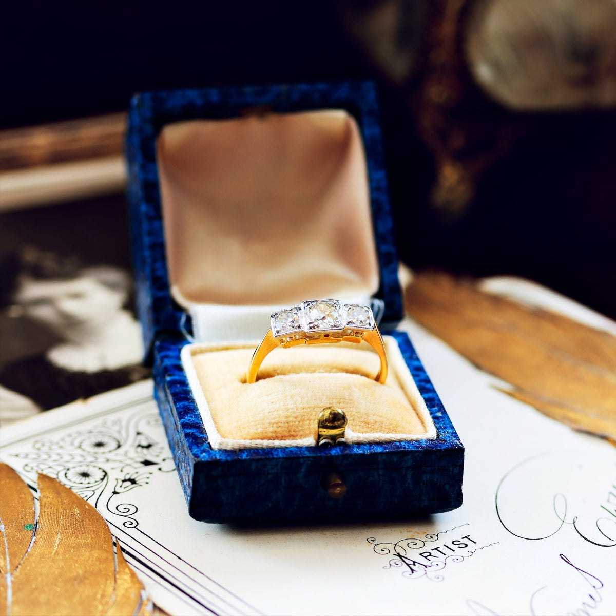 Vintage Hand Cut Diamond Trilogy Engagement Ring