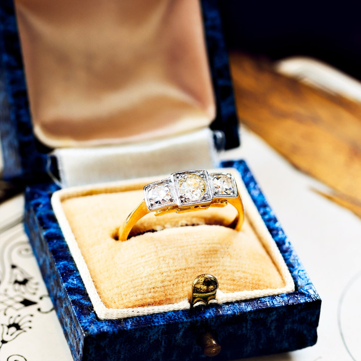 Vintage Hand Cut Diamond Trilogy Engagement Ring