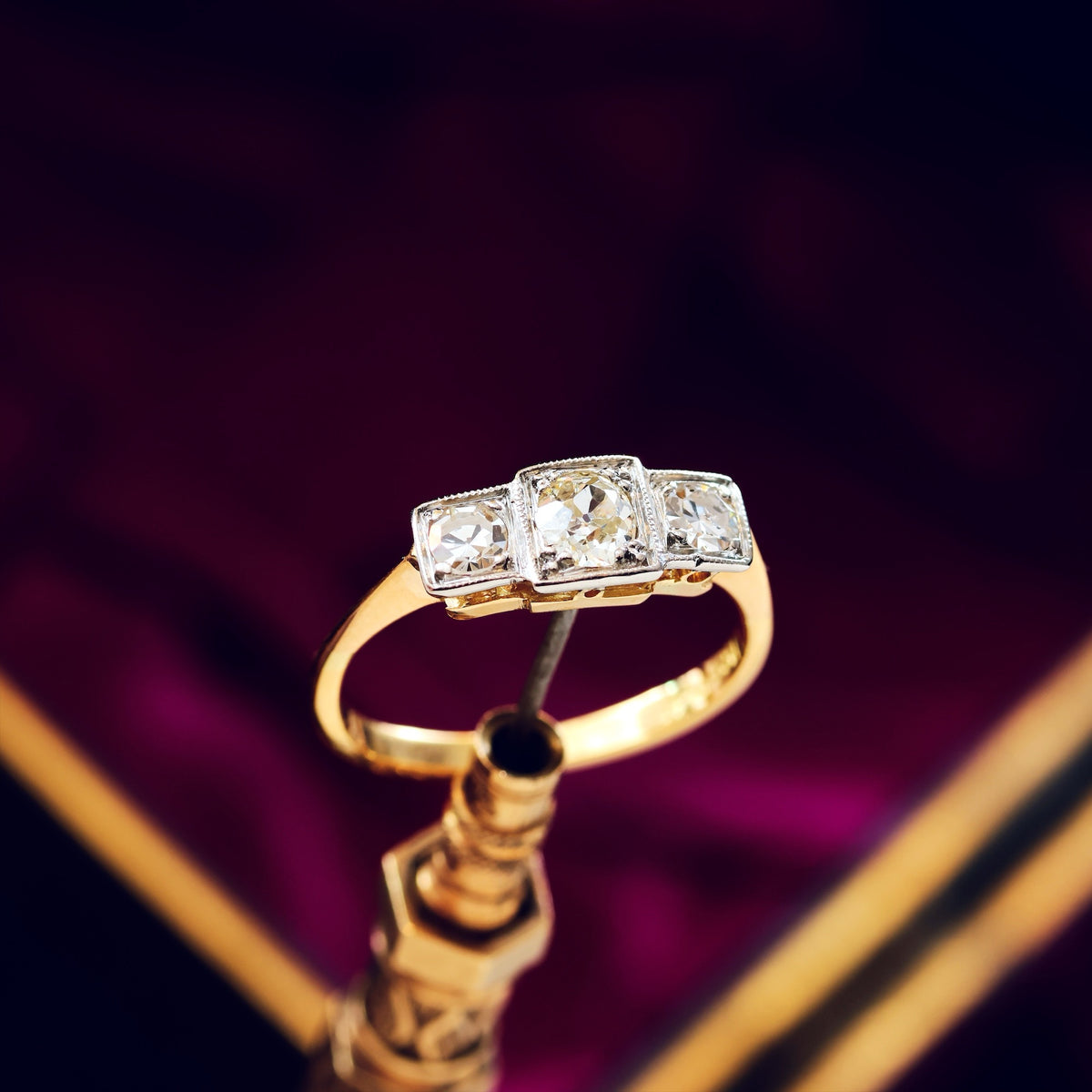 Vintage Hand Cut Diamond Trilogy Engagement Ring