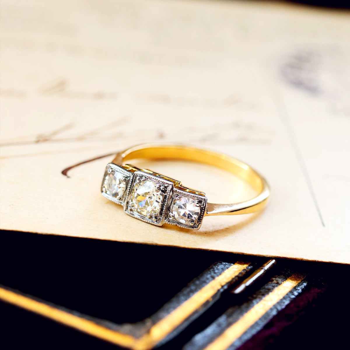 Vintage Hand Cut Diamond Trilogy Engagement Ring