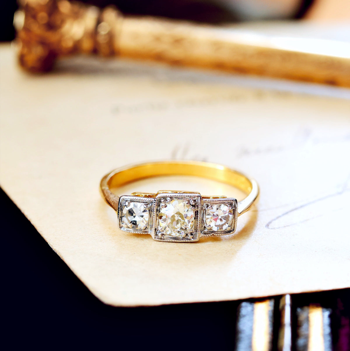 Vintage Hand Cut Diamond Trilogy Engagement Ring
