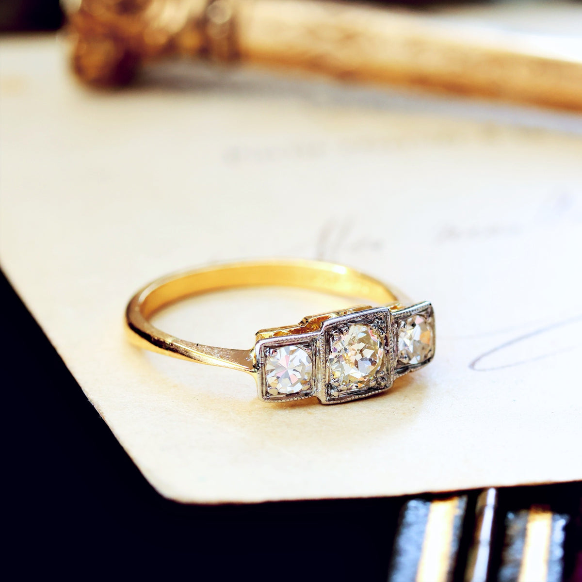 Vintage Hand Cut Diamond Trilogy Engagement Ring