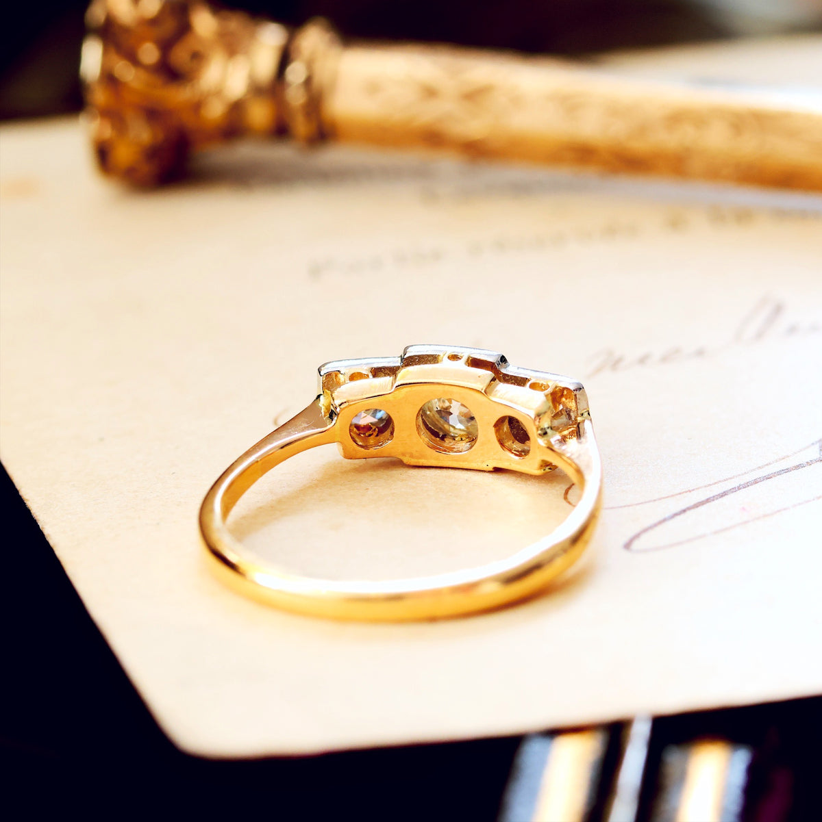 Vintage Hand Cut Diamond Trilogy Engagement Ring