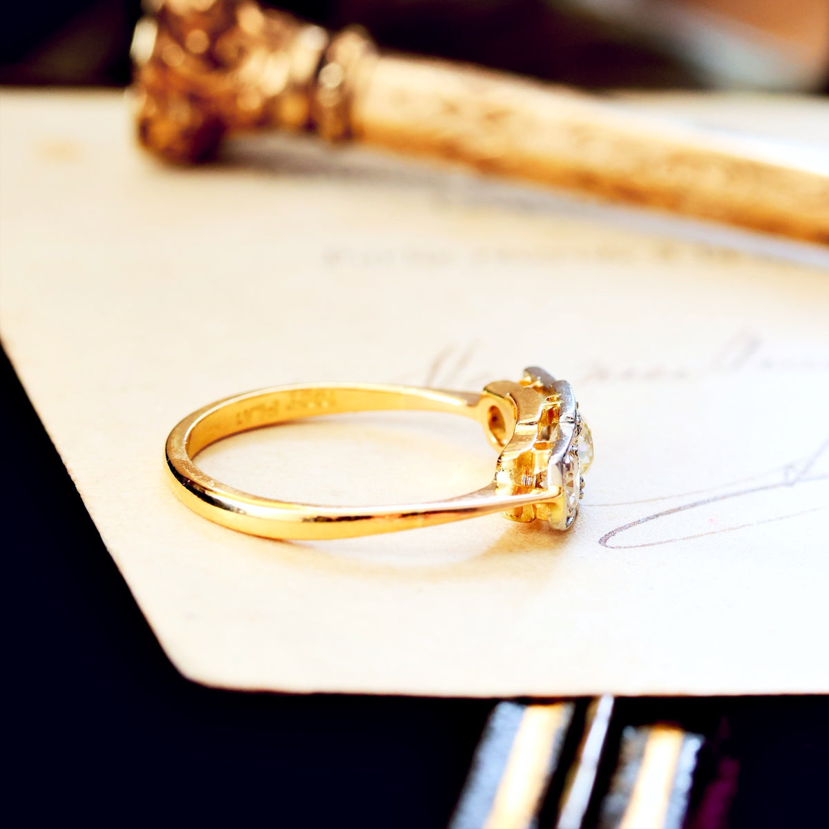 Vintage Hand Cut Diamond Trilogy Engagement Ring