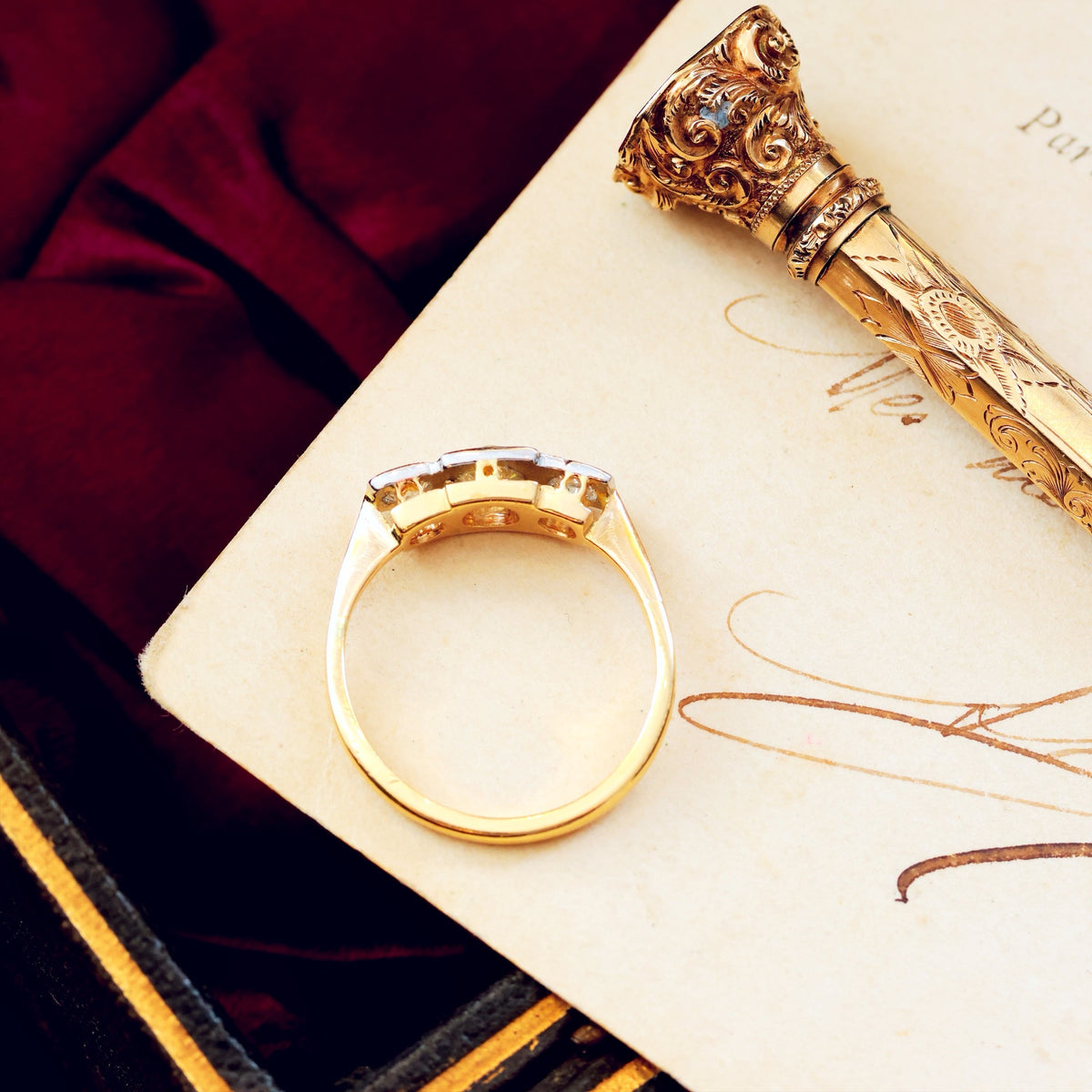 Vintage Hand Cut Diamond Trilogy Engagement Ring
