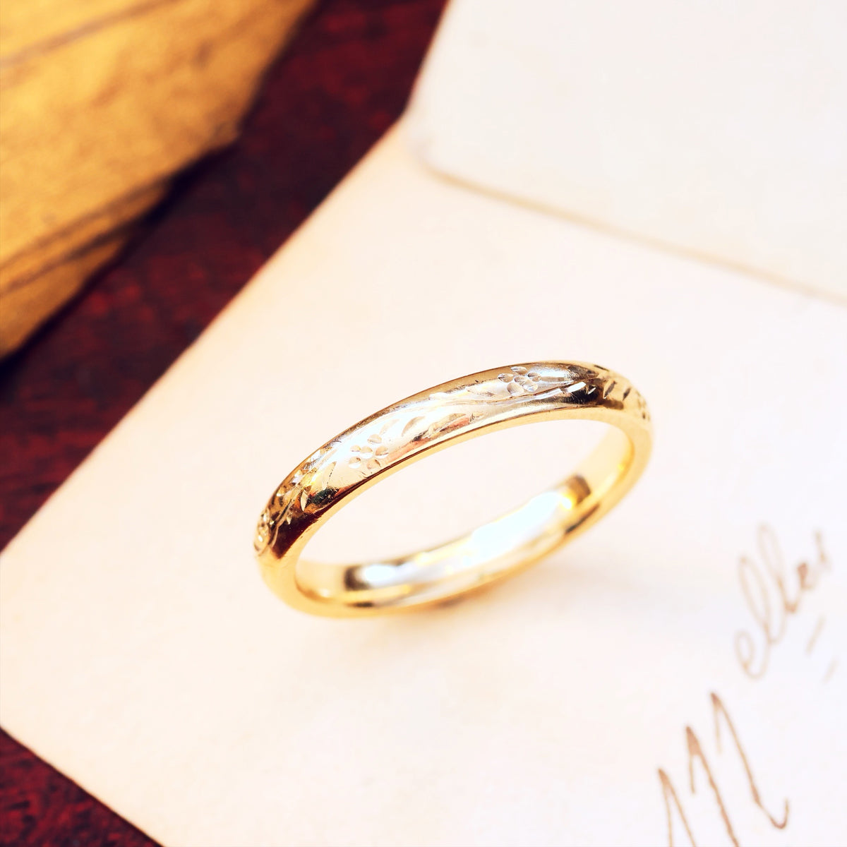 Vintage Size 'O' Hand Engraved 9ct Gold Wedding Ring