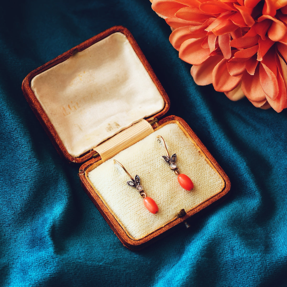 Vintage Mediterranean Coral & Diamond Drop Earrings