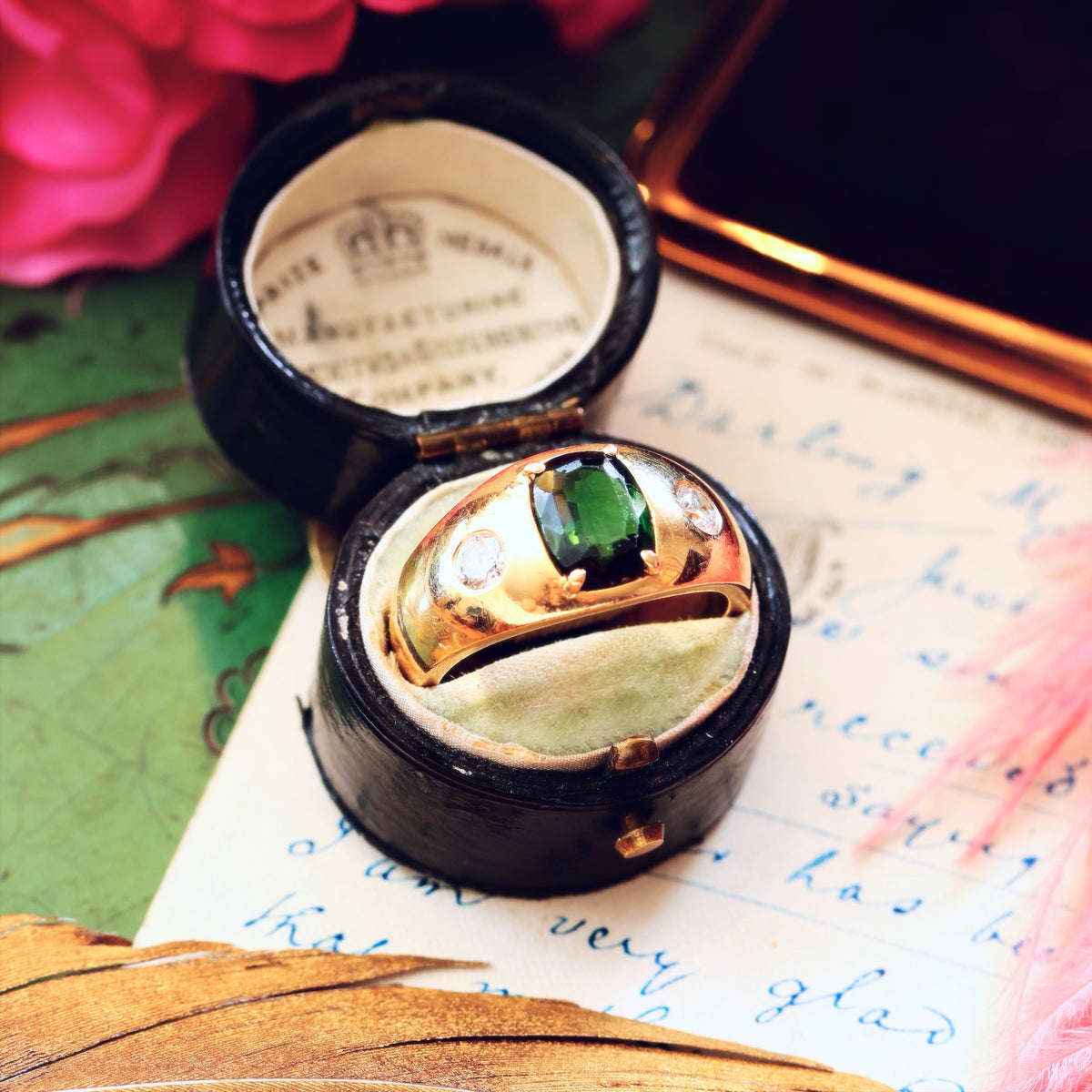 Vintage Men's Deep Green Tourmaline & Diamond Ring