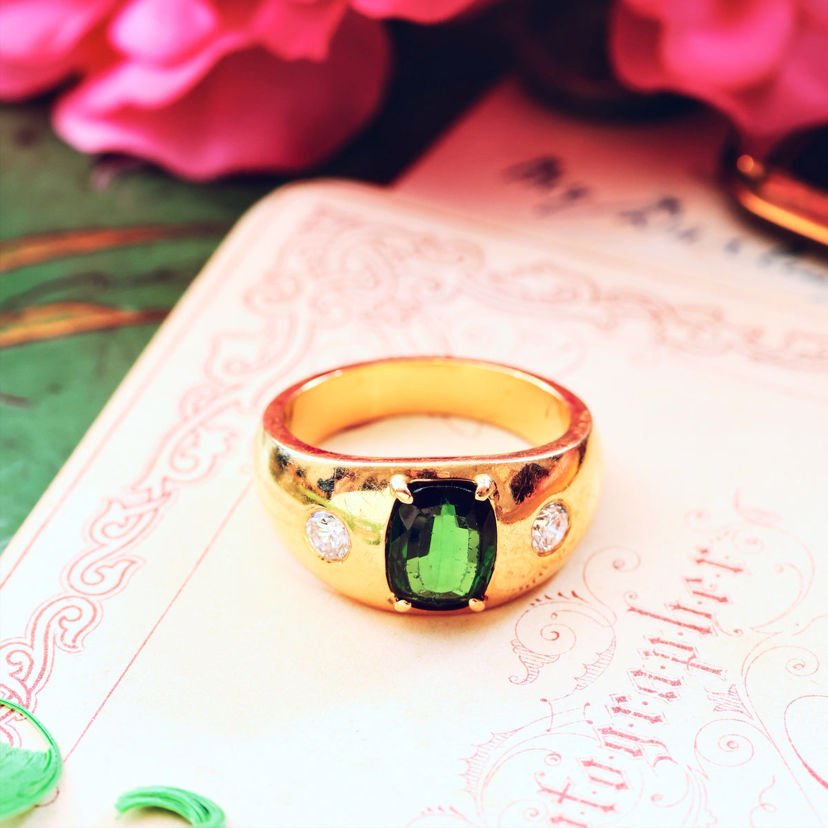 Vintage Men's Deep Green Tourmaline & Diamond Ring