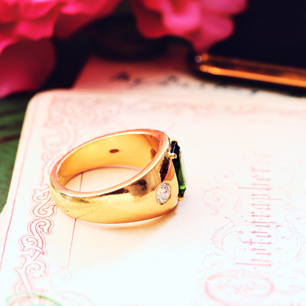 Vintage Men's Deep Green Tourmaline & Diamond Ring