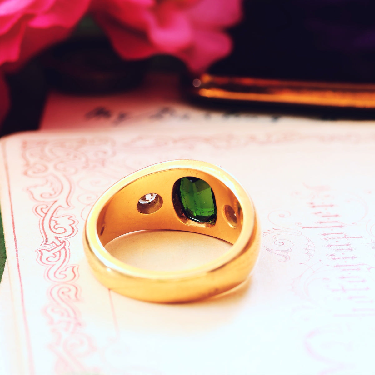 Vintage Men's Deep Green Tourmaline & Diamond Ring