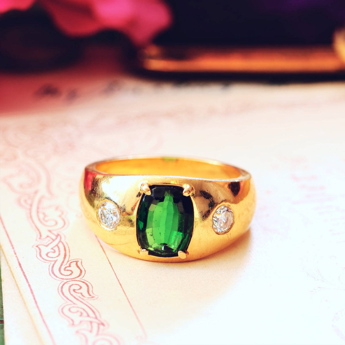 Vintage Men's Deep Green Tourmaline & Diamond Ring