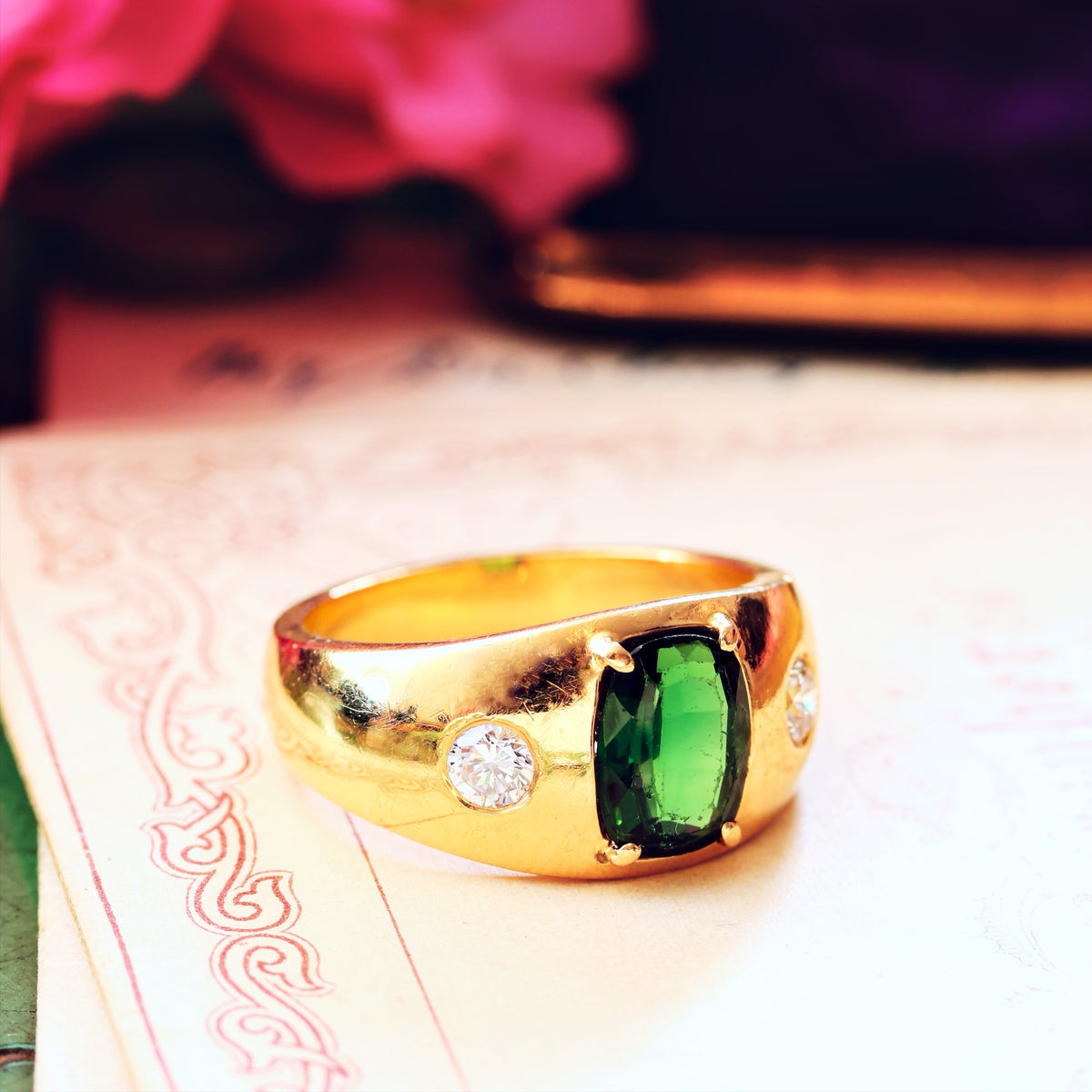 Vintage Men's Deep Green Tourmaline & Diamond Ring
