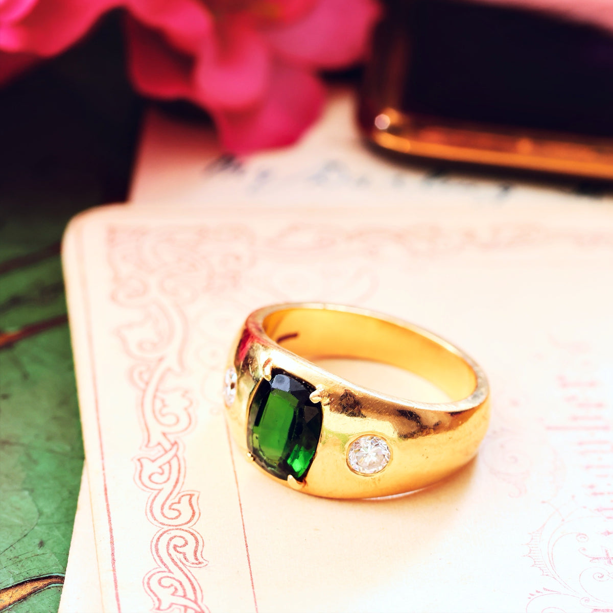 Vintage Men's Deep Green Tourmaline & Diamond Ring