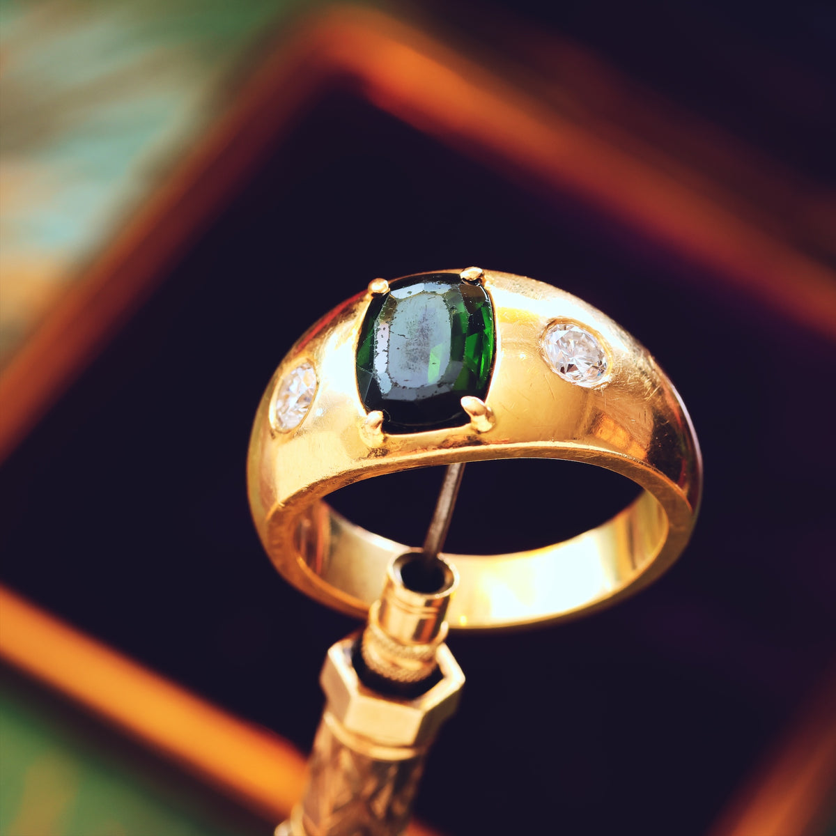 Vintage Men's Deep Green Tourmaline & Diamond Ring